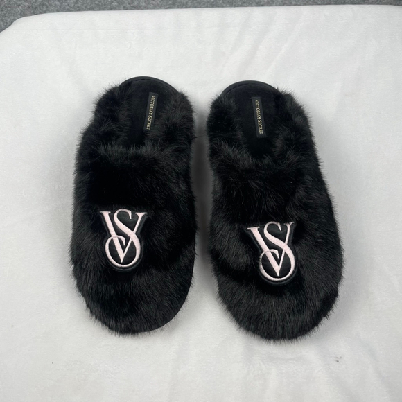 NWT Victoria's Secret Signature Satin Faux Fur Slippers Black Size L 9-10 - Picture 2 of 13